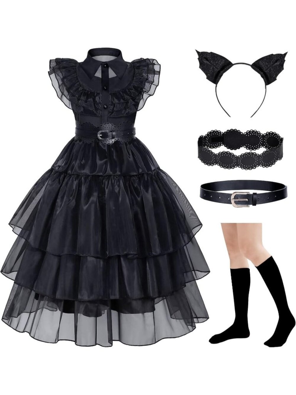 Girls Wednesday Black Costume Halloween Cosplay Dress w/ Accessories 7-8Y/130